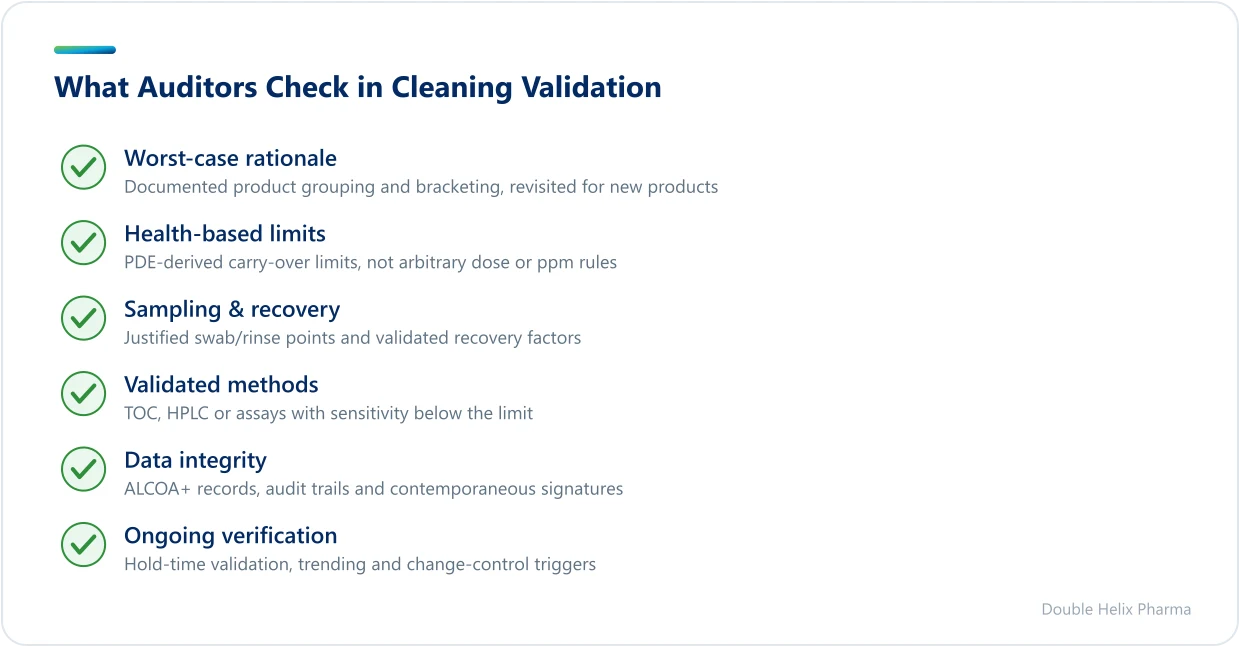 Checklist of areas inspectors examine in a cleaning validation audit