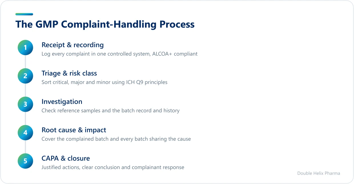 Five ordered stages of a GMP complaint-handling process from receipt to CAPA closure