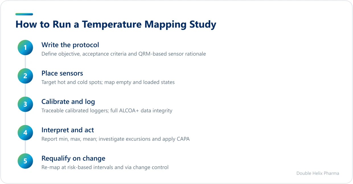 Five-step warehouse temperature mapping process from protocol to requalification